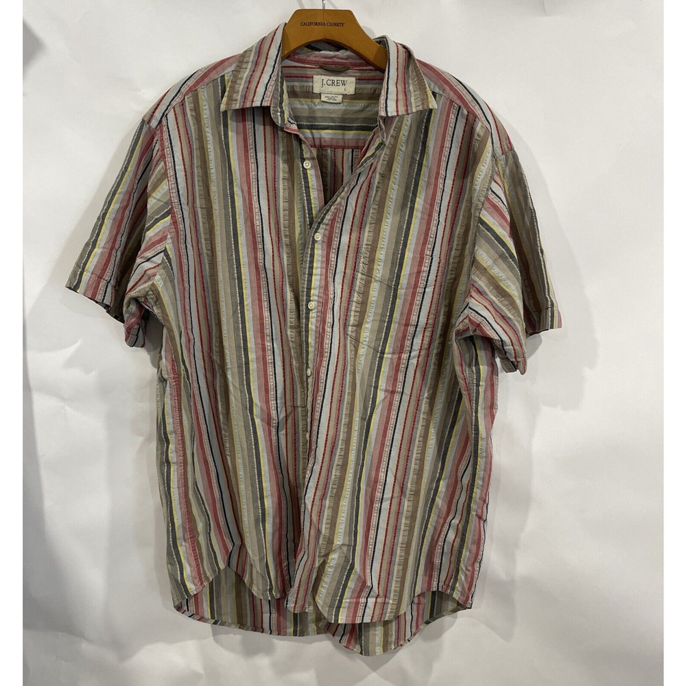 J. Crew Large Mens Short Sleeve Textured Striped Camp Shirt Button Up Retro Date